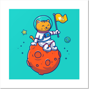 Cute Cat Astronaut Sitting On Moon With Flag Cartoon Posters and Art